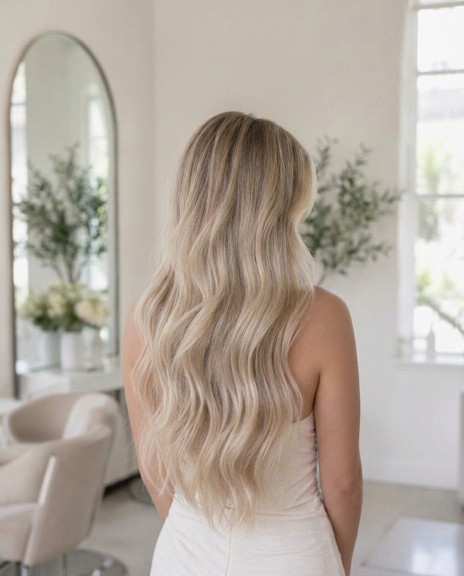 Dimensional blonde hair extensions with natural texture and soft movement