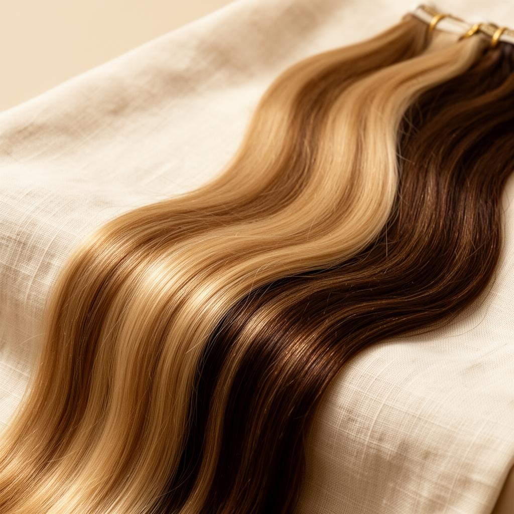 Premium human hair extensions in warm blonde and brunette tones