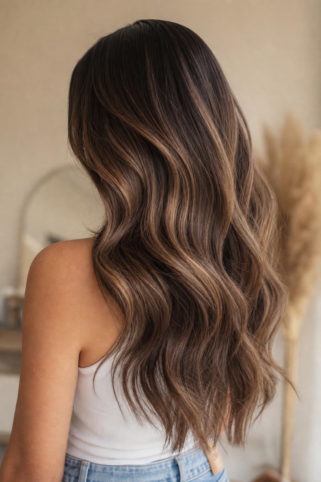 Long, glossy, voluminous hair styled with premium extensions